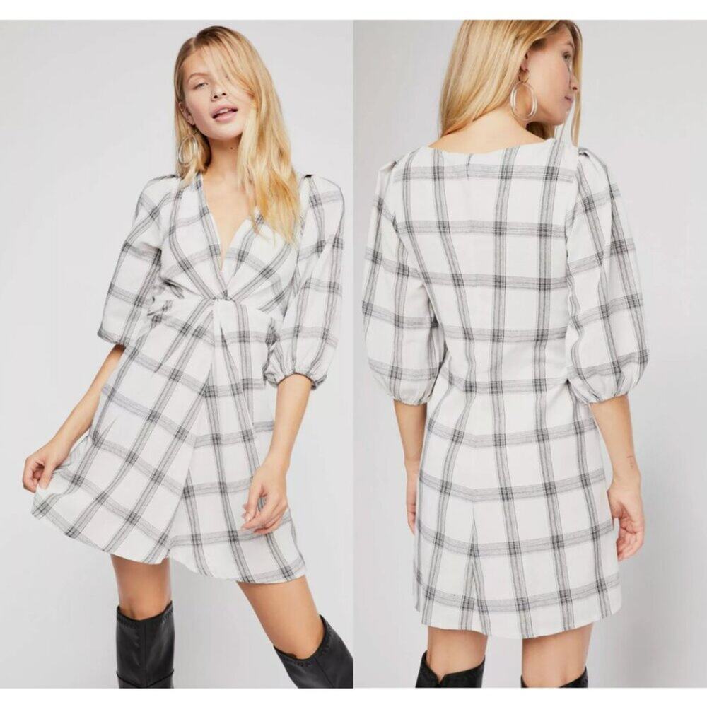 Free People Miss Molly White Plaid Puff-Sleeve Mini Dress - Picture 2 of 10